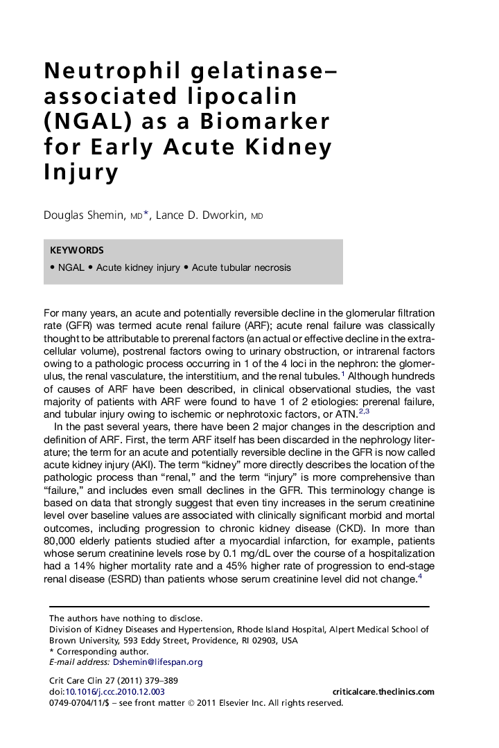 Neutrophil gelatinase-associated lipocalin (NGAL) as a Biomarker for Early Acute Kidney Injury