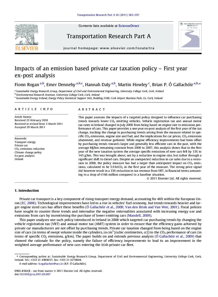 Impacts of an emission based private car taxation policy – First year ex-post analysis