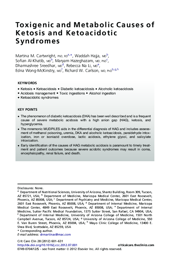 Toxigenic and Metabolic Causes of Ketosis and Ketoacidotic Syndromes