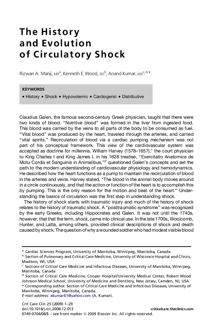 The History and Evolution of Circulatory Shock