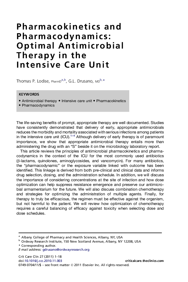 Pharmacokinetics and Pharmacodynamics: Optimal Antimicrobial Therapy in the Intensive Care Unit