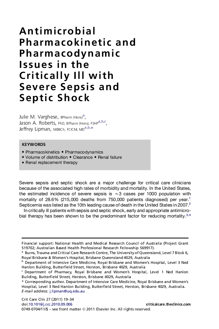 Antimicrobial Pharmacokinetic and Pharmacodynamic Issues in the Critically Ill with Severe Sepsis and Septic Shock