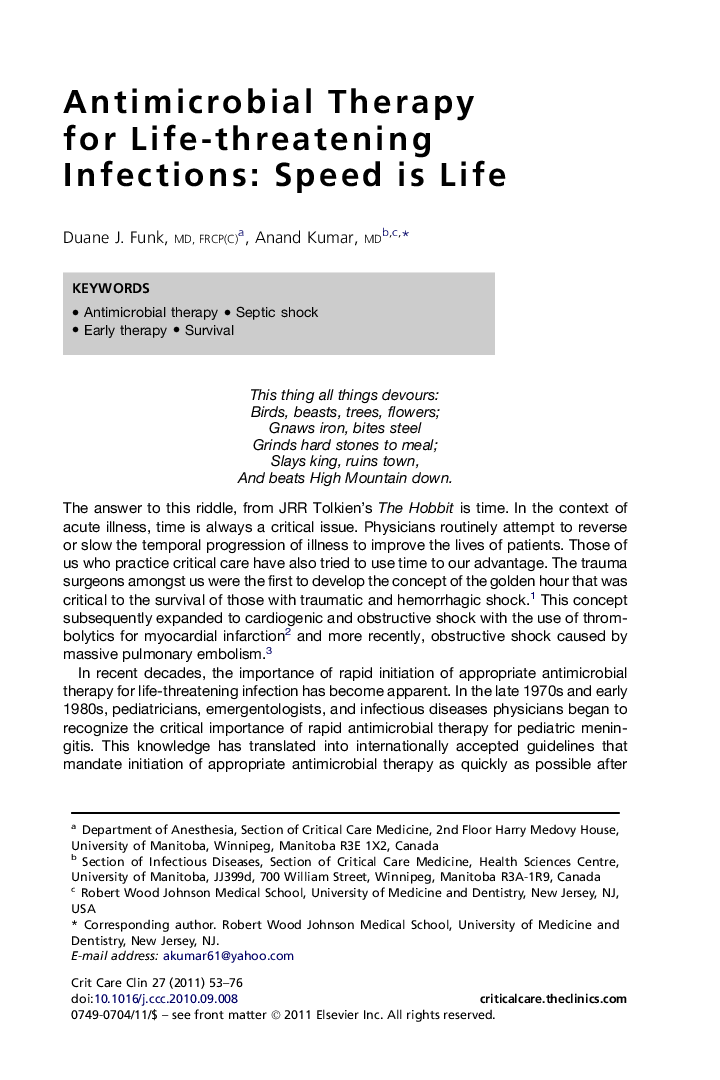 Antimicrobial Therapy for Life-threatening Infections: Speed is Life