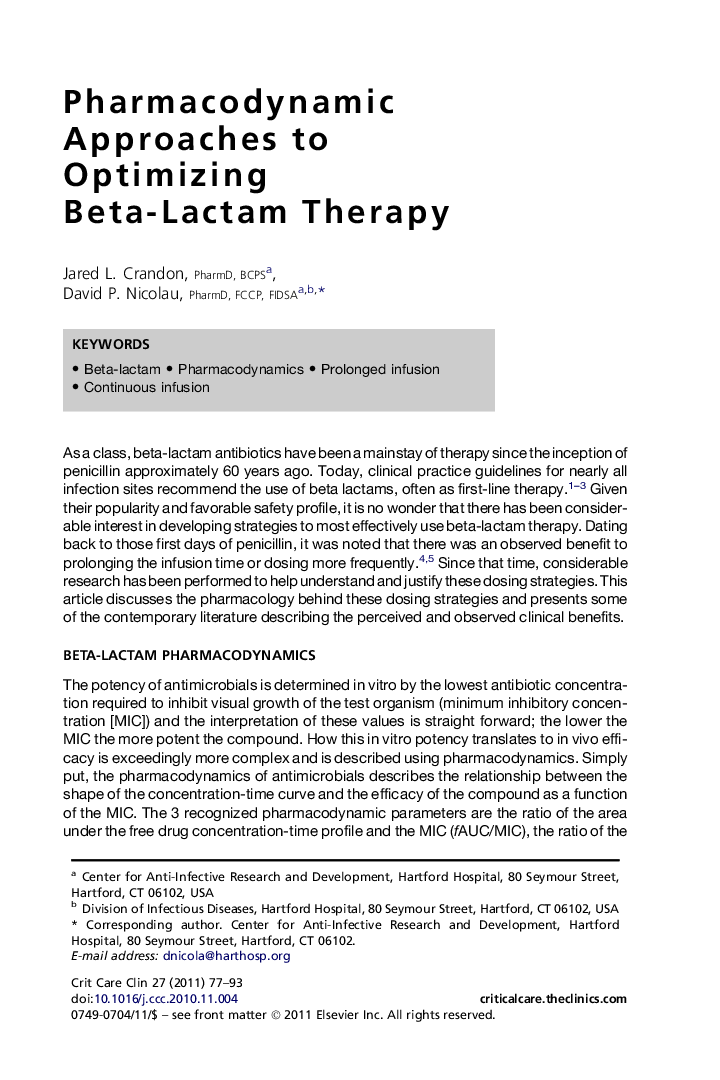 Pharmacodynamic Approaches to Optimizing Beta-Lactam Therapy