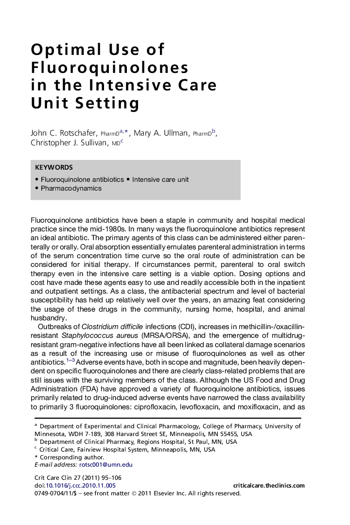 Optimal Use of Fluoroquinolones in the Intensive Care Unit Setting