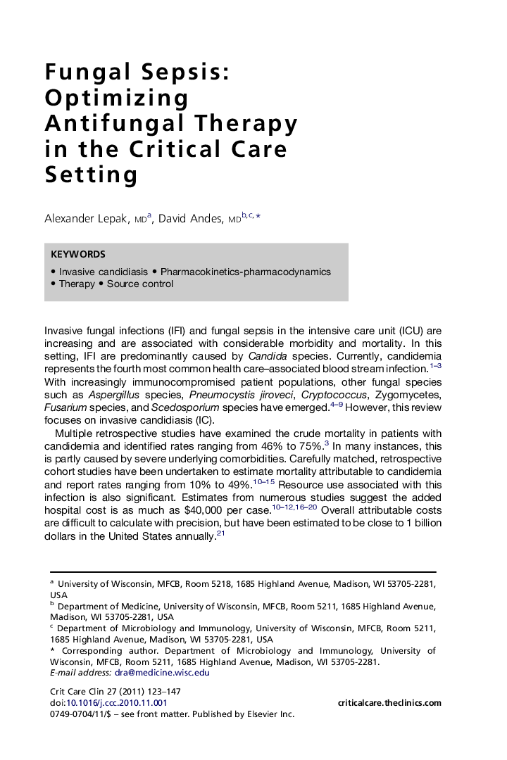 Fungal Sepsis: Optimizing Antifungal Therapy in the Critical Care Setting