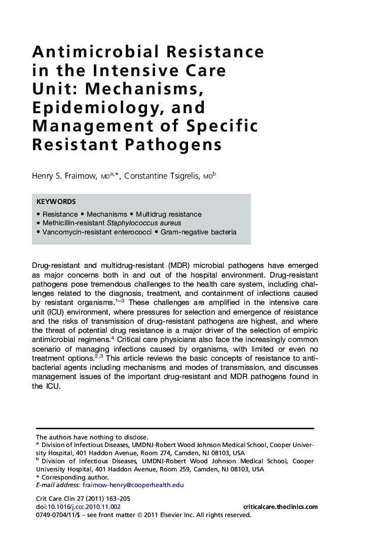 Antimicrobial Resistance in the Intensive Care Unit: Mechanisms, Epidemiology, and Management of Specific Resistant Pathogens