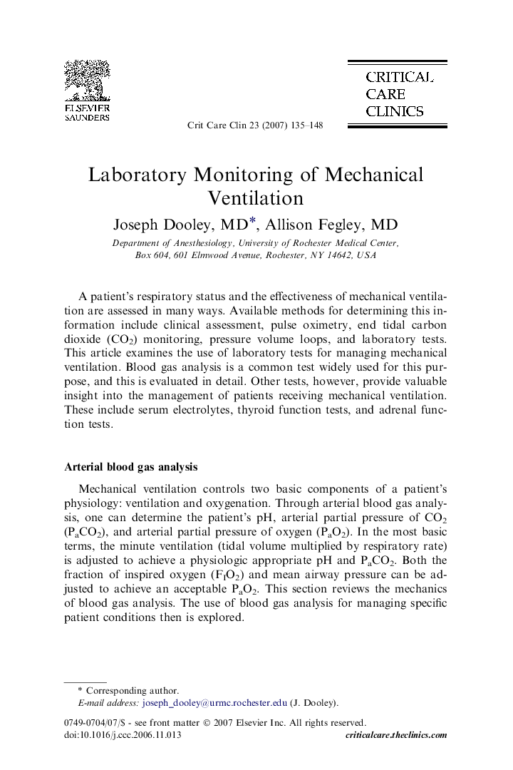 Laboratory Monitoring of Mechanical Ventilation