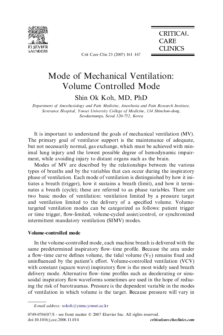 Mode of Mechanical Ventilation: Volume Controlled Mode