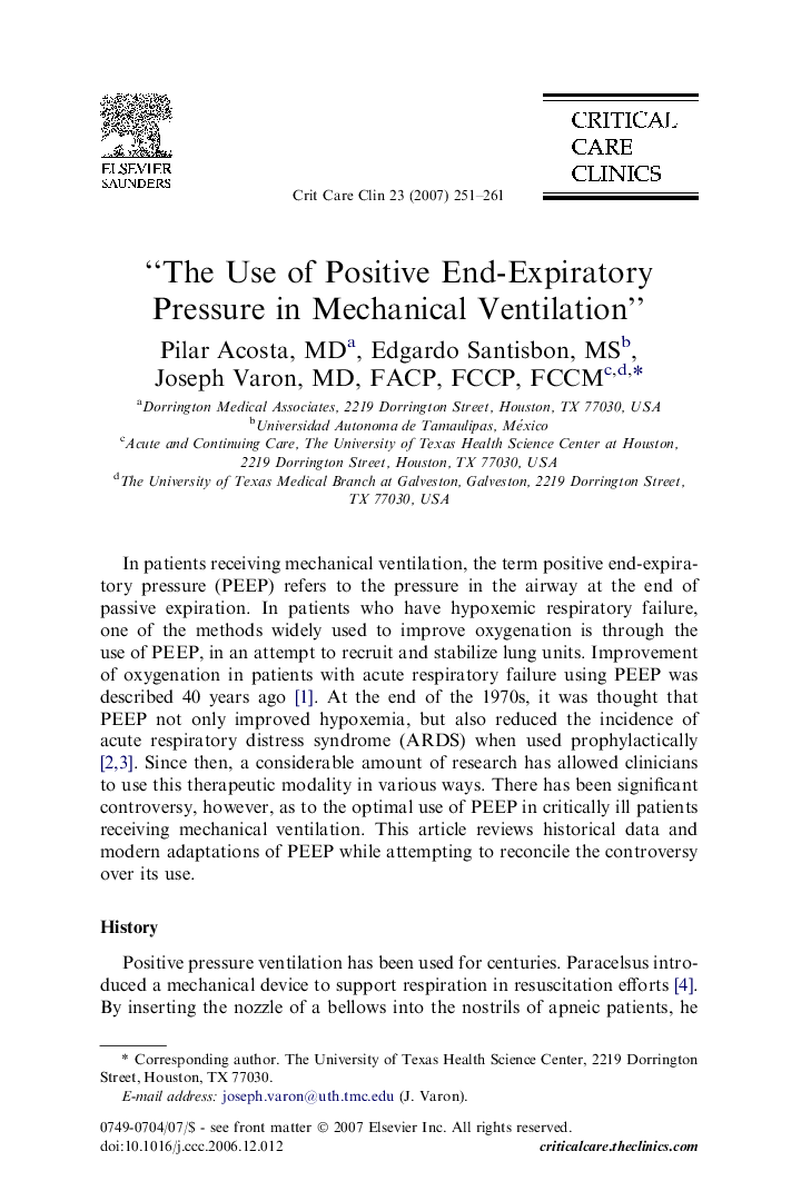 “The Use of Positive End-Expiratory Pressure in Mechanical Ventilation”