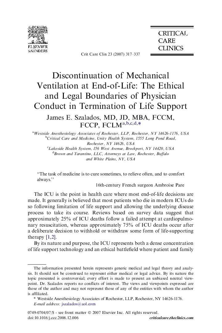 Discontinuation of Mechanical Ventilation at End-of-Life: The Ethical and Legal Boundaries of Physician Conduct in Termination of Life Support 