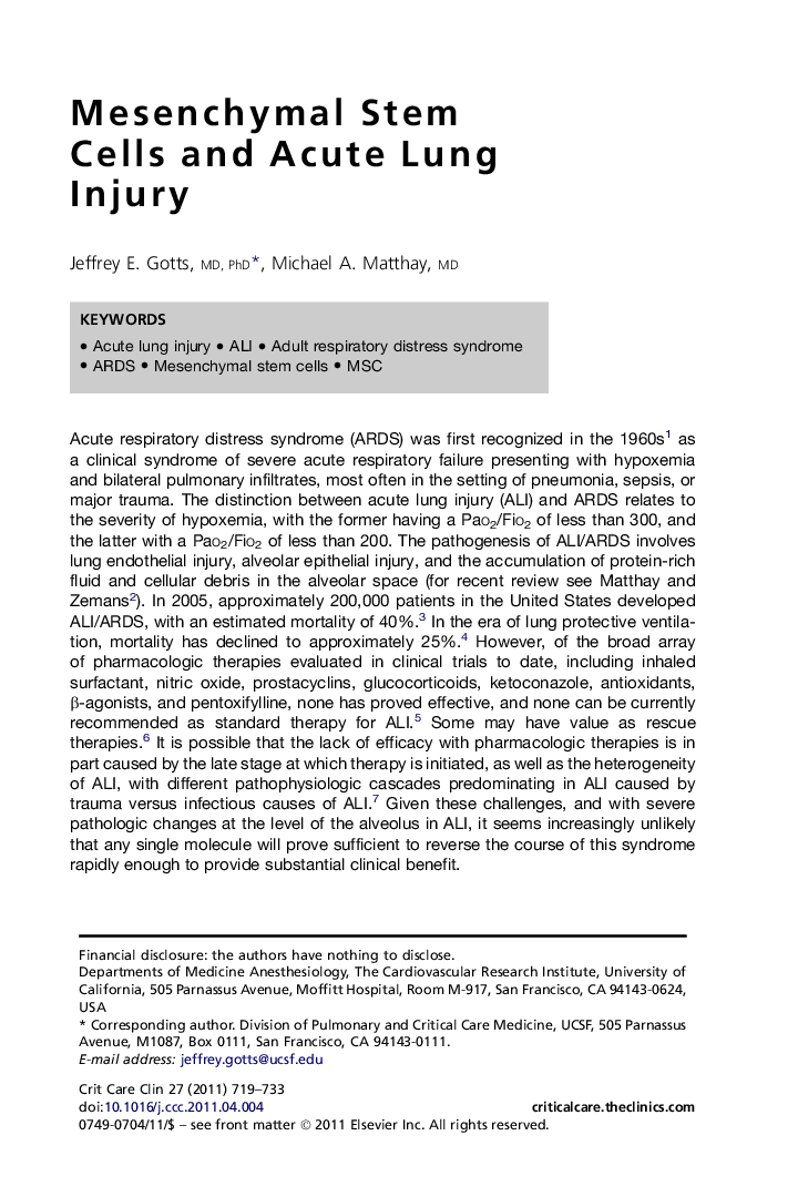 Mesenchymal Stem Cells and Acute Lung Injury