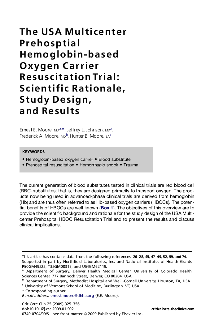 The USA Multicenter Prehosptial Hemoglobin-based Oxygen Carrier Resuscitation Trial: Scientific Rationale, Study Design, and Results