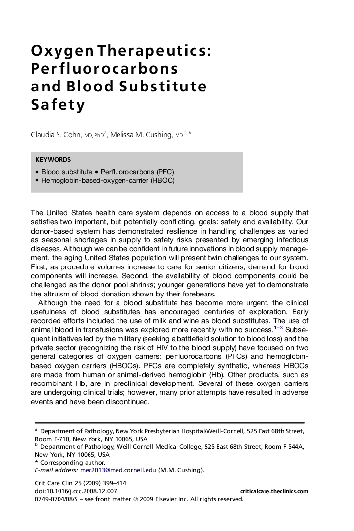 Oxygen Therapeutics: Perfluorocarbons and Blood Substitute Safety