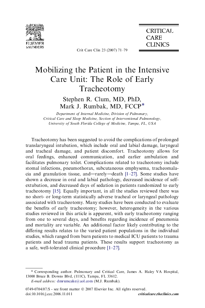 Mobilizing the Patient in the Intensive Care Unit: The Role of Early Tracheotomy
