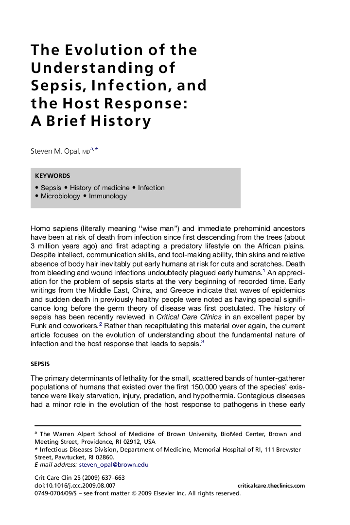 The Evolution of the Understanding of Sepsis, Infection, and the Host Response: AÂ Brief History