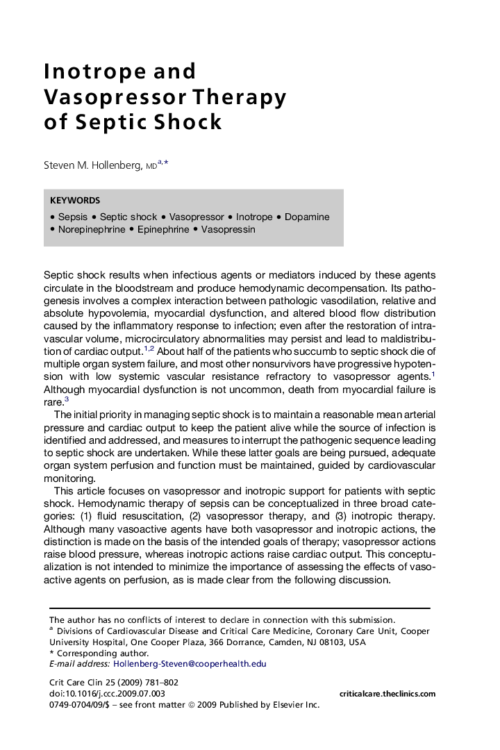 Inotrope and Vasopressor Therapy of Septic Shock