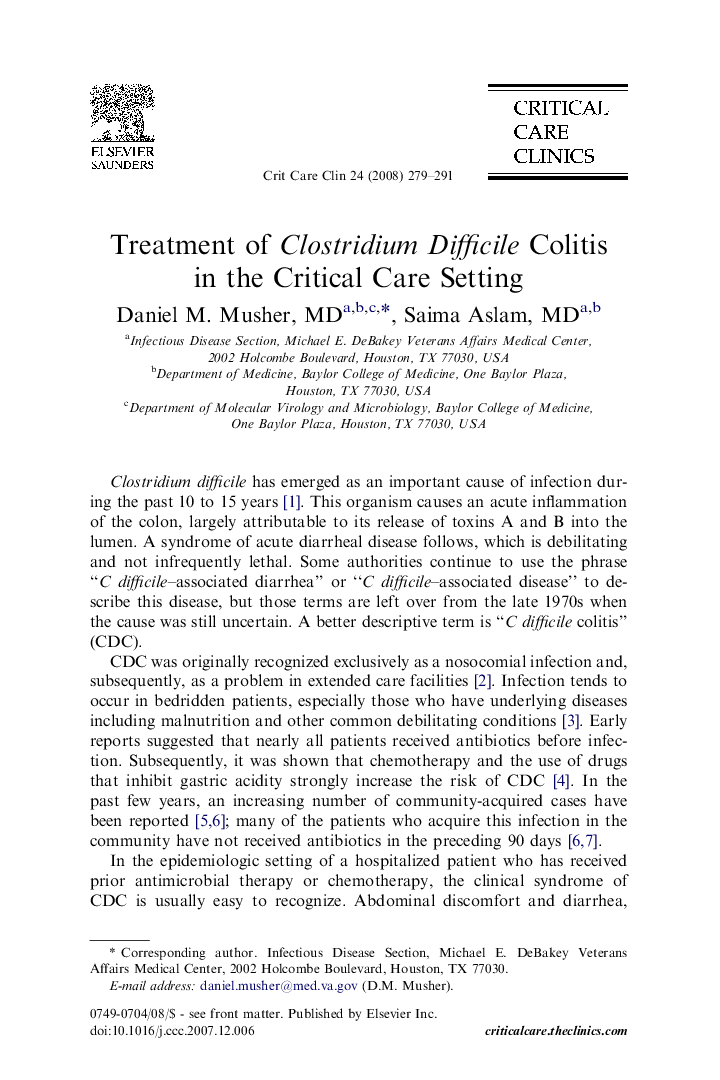 Treatment of Clostridium Difficile Colitis in the Critical Care Setting