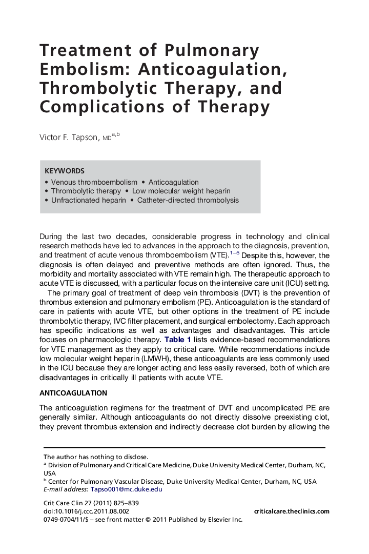 Treatment of Pulmonary Embolism: Anticoagulation, Thrombolytic Therapy, and Complications of Therapy