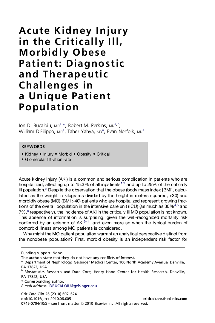 Acute Kidney Injury in the Critically Ill, Morbidly Obese Patient: Diagnostic and Therapeutic Challenges in a Unique Patient Population