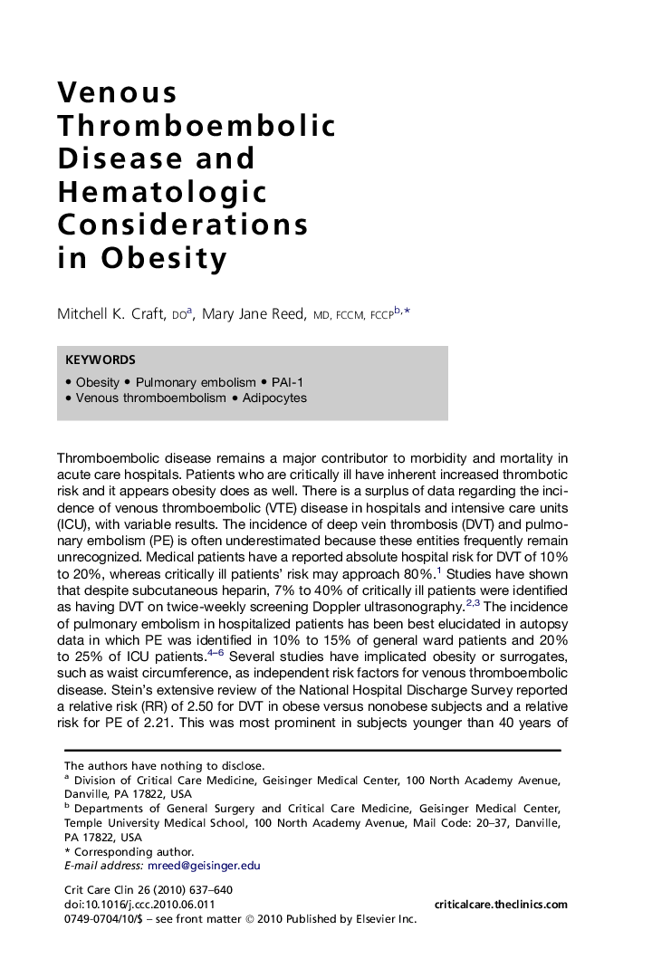 Venous Thromboembolic Disease and Hematologic Considerations in Obesity