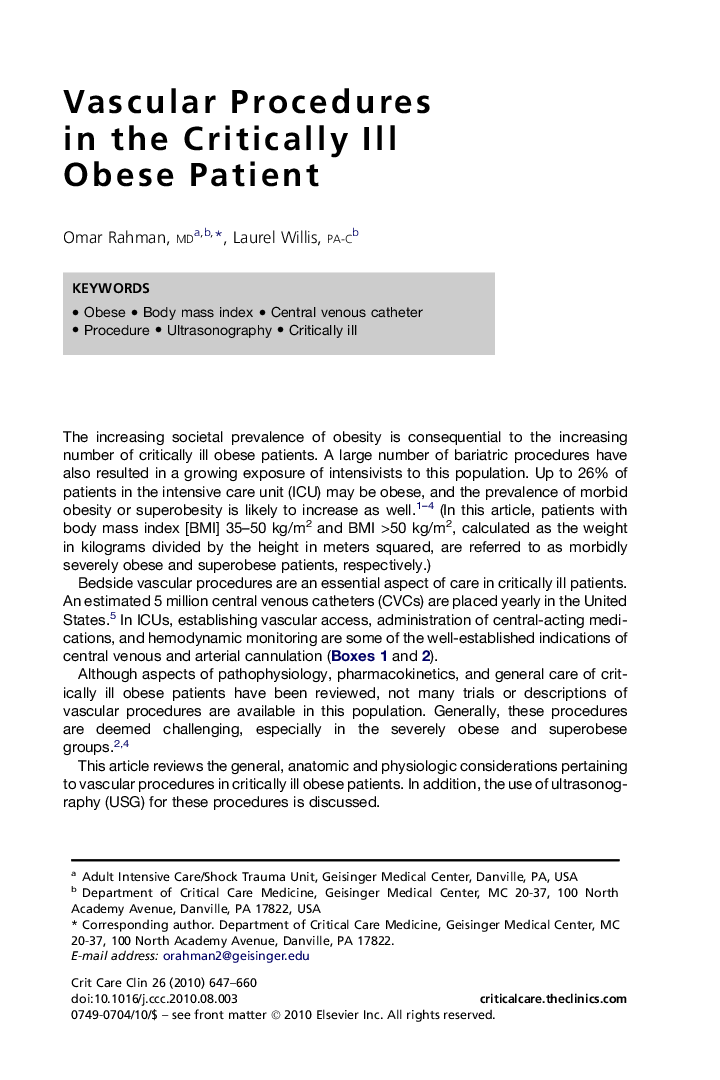 Vascular Procedures in the Critically Ill Obese Patient