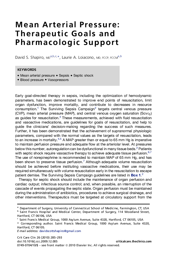 Mean Arterial Pressure: Therapeutic Goals and Pharmacologic Support