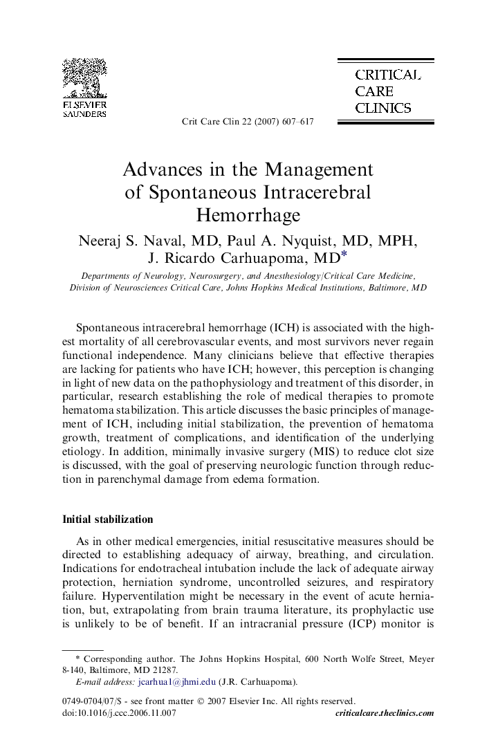 Advances in the Management of Spontaneous Intracerebral Hemorrhage