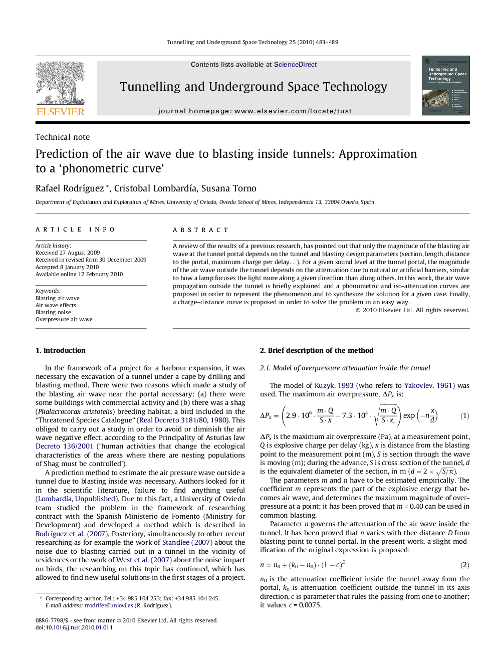 Prediction of the air wave due to blasting inside tunnels: Approximation to a ‘phonometric curve’