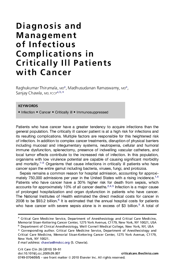 Diagnosis and Management of Infectious Complications in Critically Ill Patients with Cancer