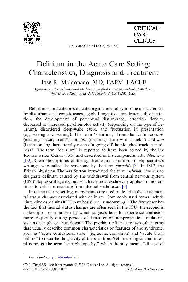 Delirium in the Acute Care Setting: Characteristics, Diagnosis and Treatment
