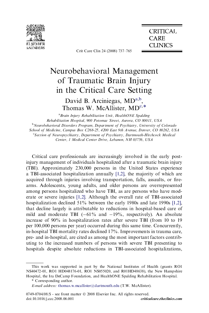 Neurobehavioral Management of Traumatic Brain Injury in the Critical Care Setting 