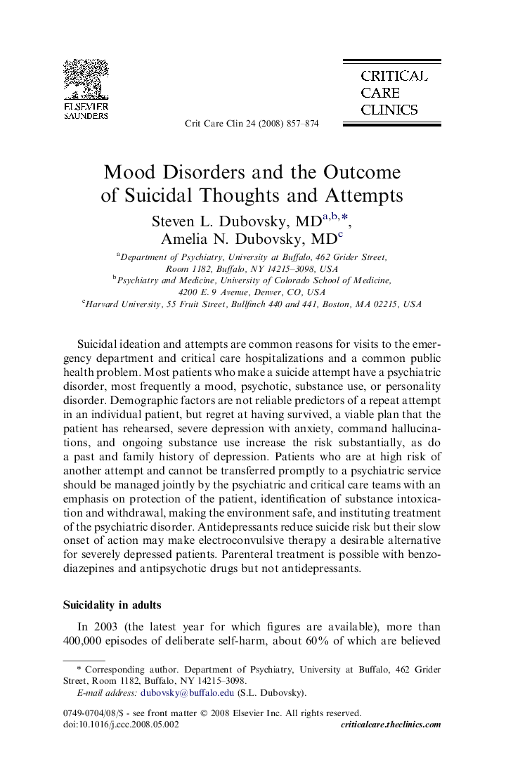 Mood Disorders and the Outcome of Suicidal Thoughts and Attempts