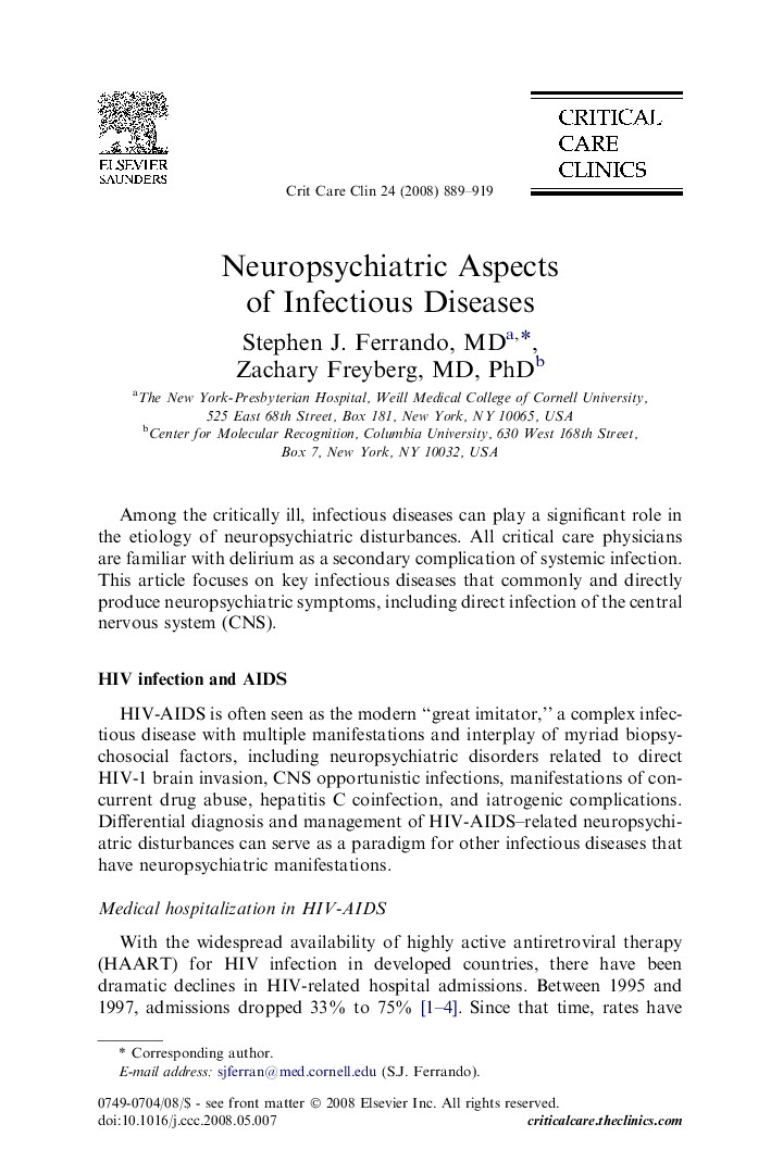 Neuropsychiatric Aspects of Infectious Diseases