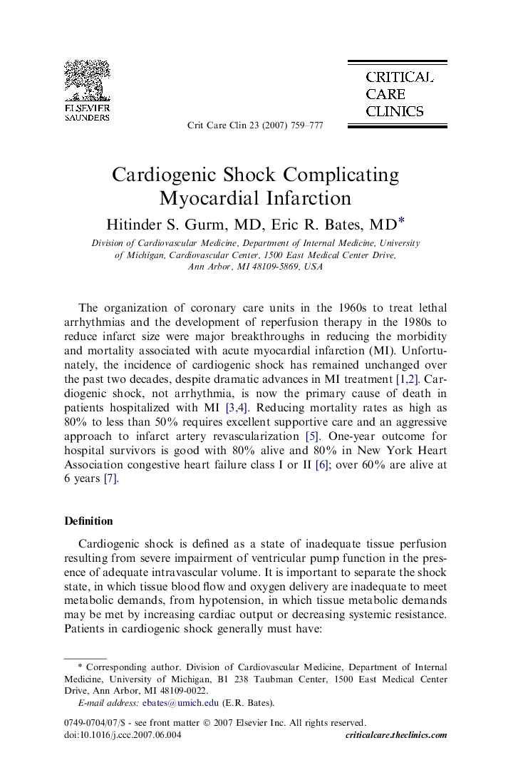 Cardiogenic Shock Complicating Myocardial Infarction