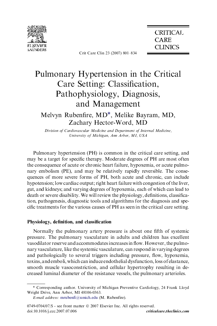 Pulmonary Hypertension in the Critical Care Setting: Classification, Pathophysiology, Diagnosis, and Management