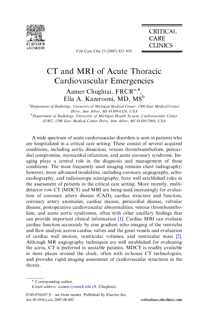 CT and MRI of Acute Thoracic Cardiovascular Emergencies