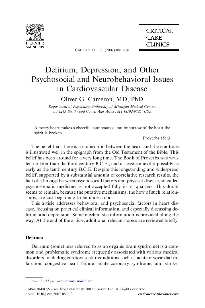 Delirium, Depression, and Other Psychosocial and Neurobehavioral Issues in Cardiovascular Disease