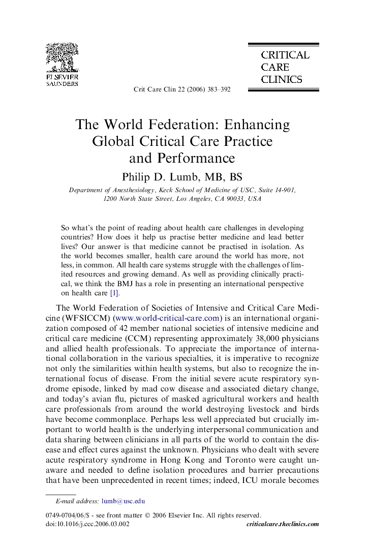 The World Federation: Enhancing Global Critical Care Practice and Performance