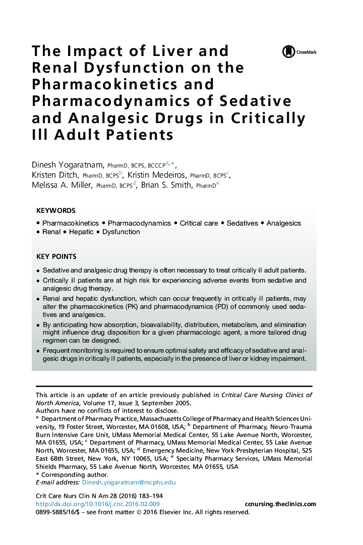The Impact of Liver and Renal Dysfunction on the Pharmacokinetics and Pharmacodynamics of Sedative and Analgesic Drugs in Critically Ill Adult Patients