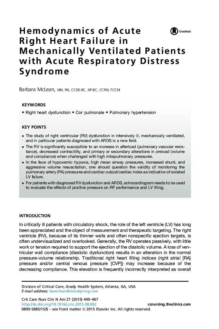 Hemodynamics of Acute Right Heart Failure in Mechanically Ventilated Patients with Acute Respiratory Distress Syndrome