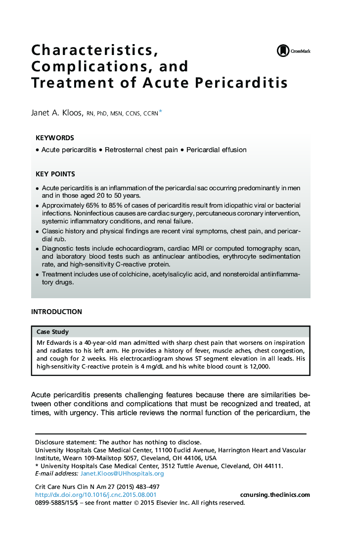 Characteristics, Complications, and Treatment of Acute Pericarditis