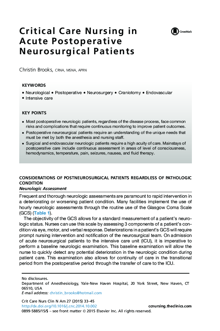 Critical Care Nursing in Acute Postoperative Neurosurgical Patients