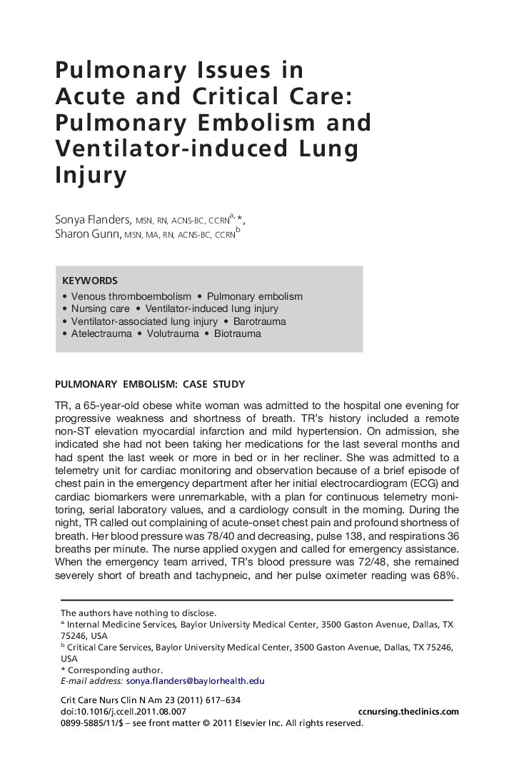 Pulmonary Issues in Acute and Critical Care: Pulmonary Embolism and Ventilator-induced Lung Injury