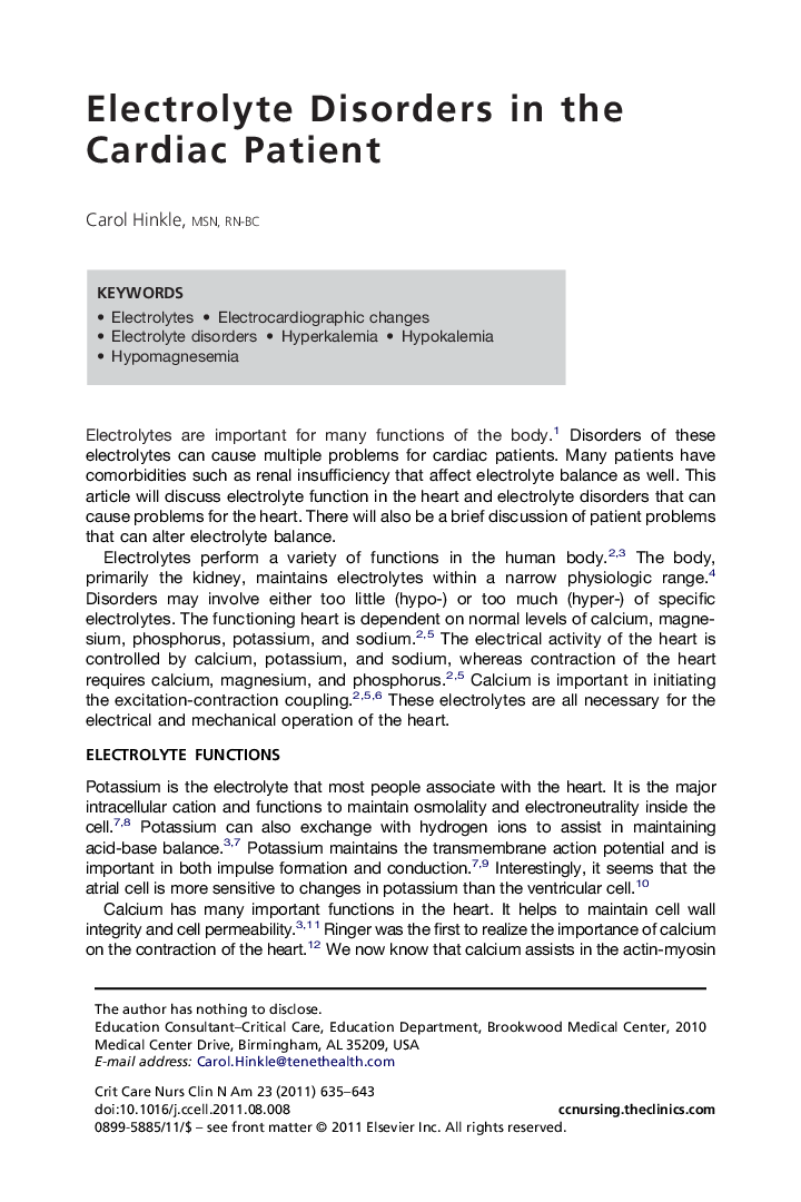 Electrolyte Disorders in the Cardiac Patient