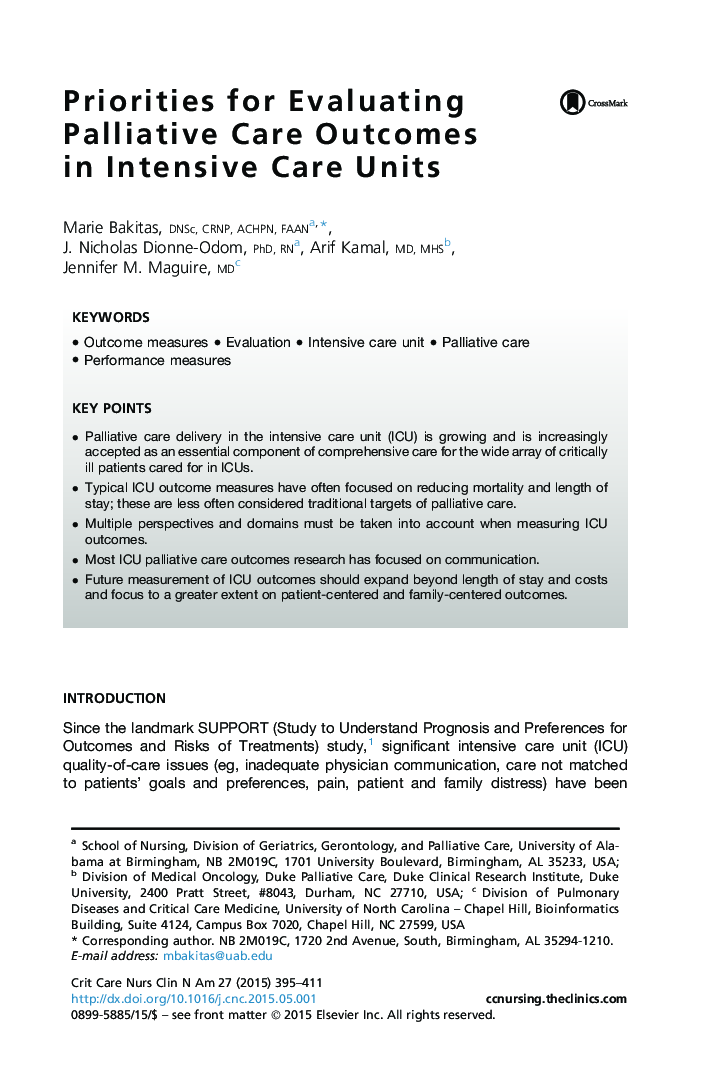 Priorities for Evaluating Palliative Care Outcomes in Intensive Care Units