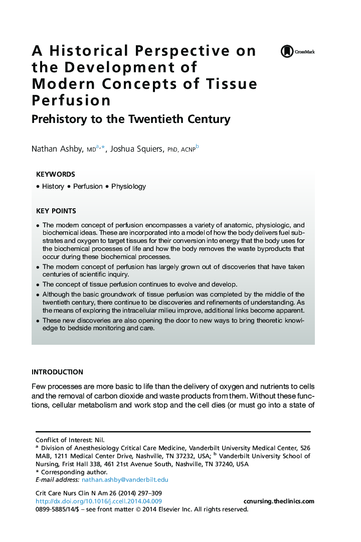 A Historical Perspective on the Development of Modern Concepts of Tissue Perfusion