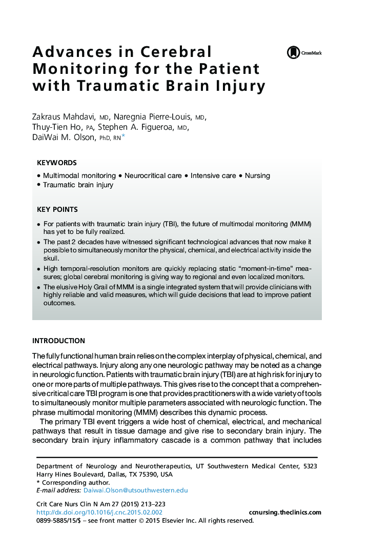 Advances in Cerebral Monitoring for the Patient with Traumatic Brain Injury