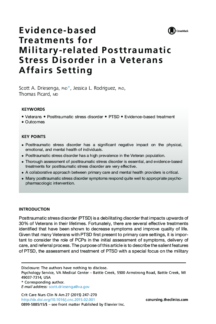 درمان مبتنی بر شواهد برای اختلال استرس پس از قاعدگی مرتبط با نظامی در زمینه امور سربازان 