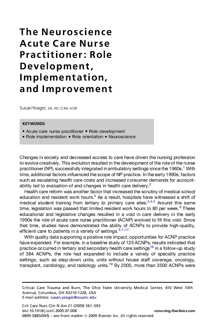 The Neuroscience Acute Care Nurse Practitioner: Role Development, Implementation, and Improvement